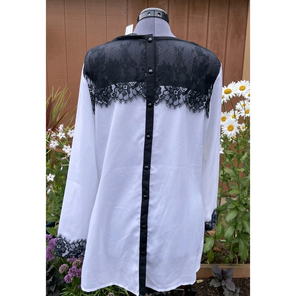Venus White Button Back Blouse Size 14 Black Lace Yoke Whimsigoth Goth Tunic Top - Picture 8 of 12